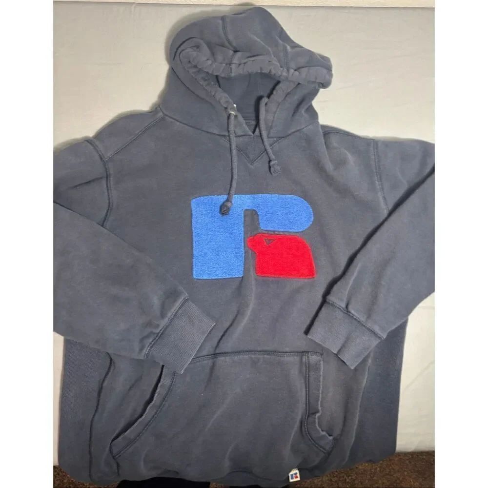 Y2k 2000s RUSSELL ATHLETIC Blue Big Logo Pullover Hoodie Sweatshirt Fade Size L